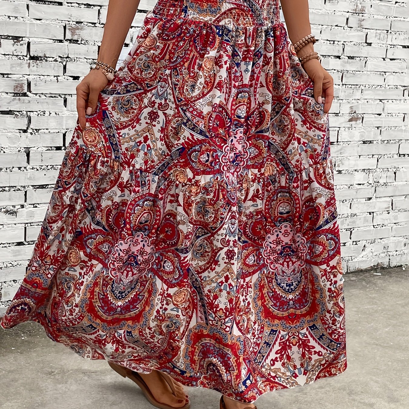Paisley Print Shirred Waist Skirt, Casual Beach Wear Skirt For Spring & Summer, Women's Clothing