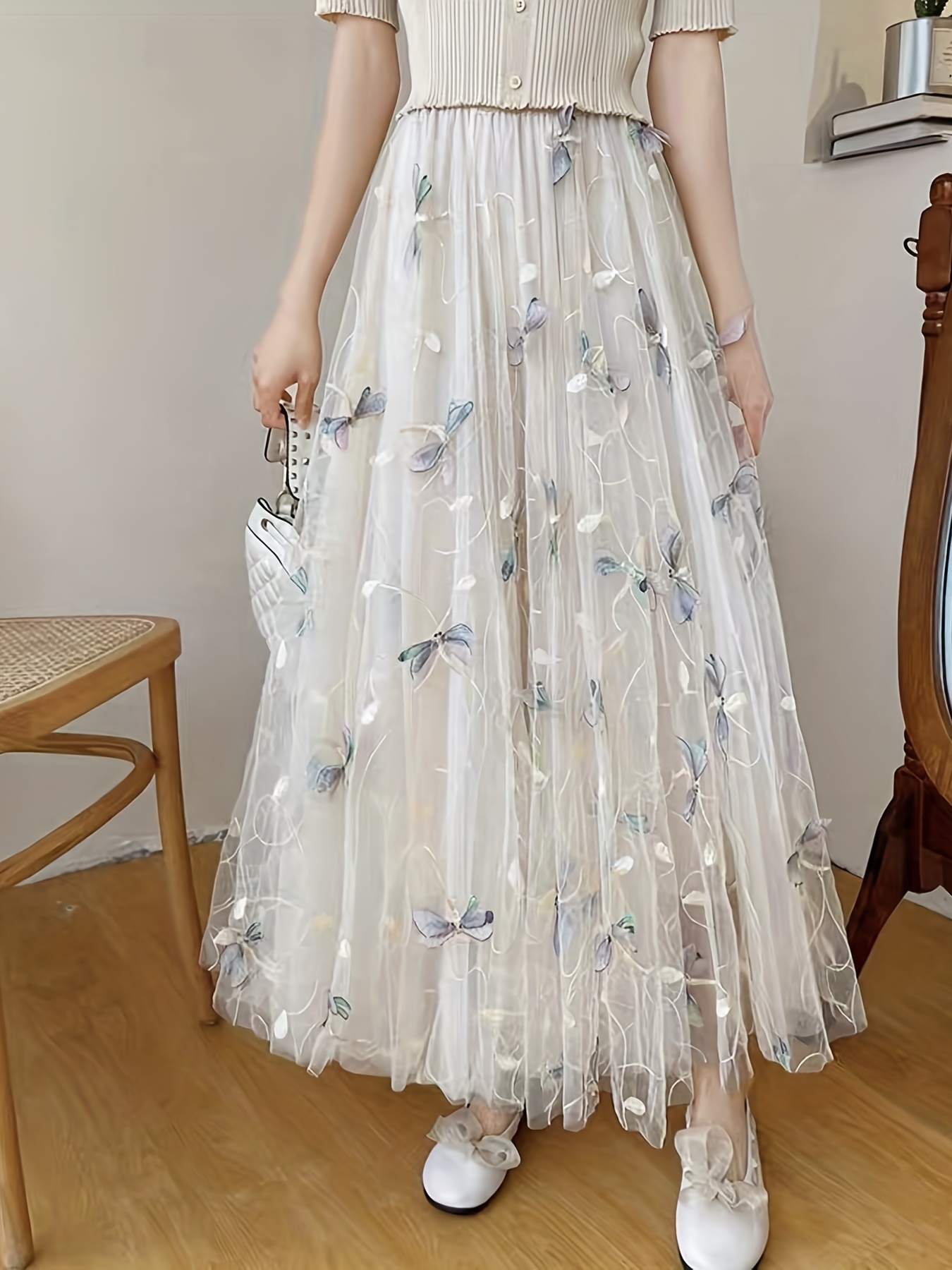 Dragonfly Applique Tulle Skirt, Casual Elastic Waist Skirt, Women's Clothing