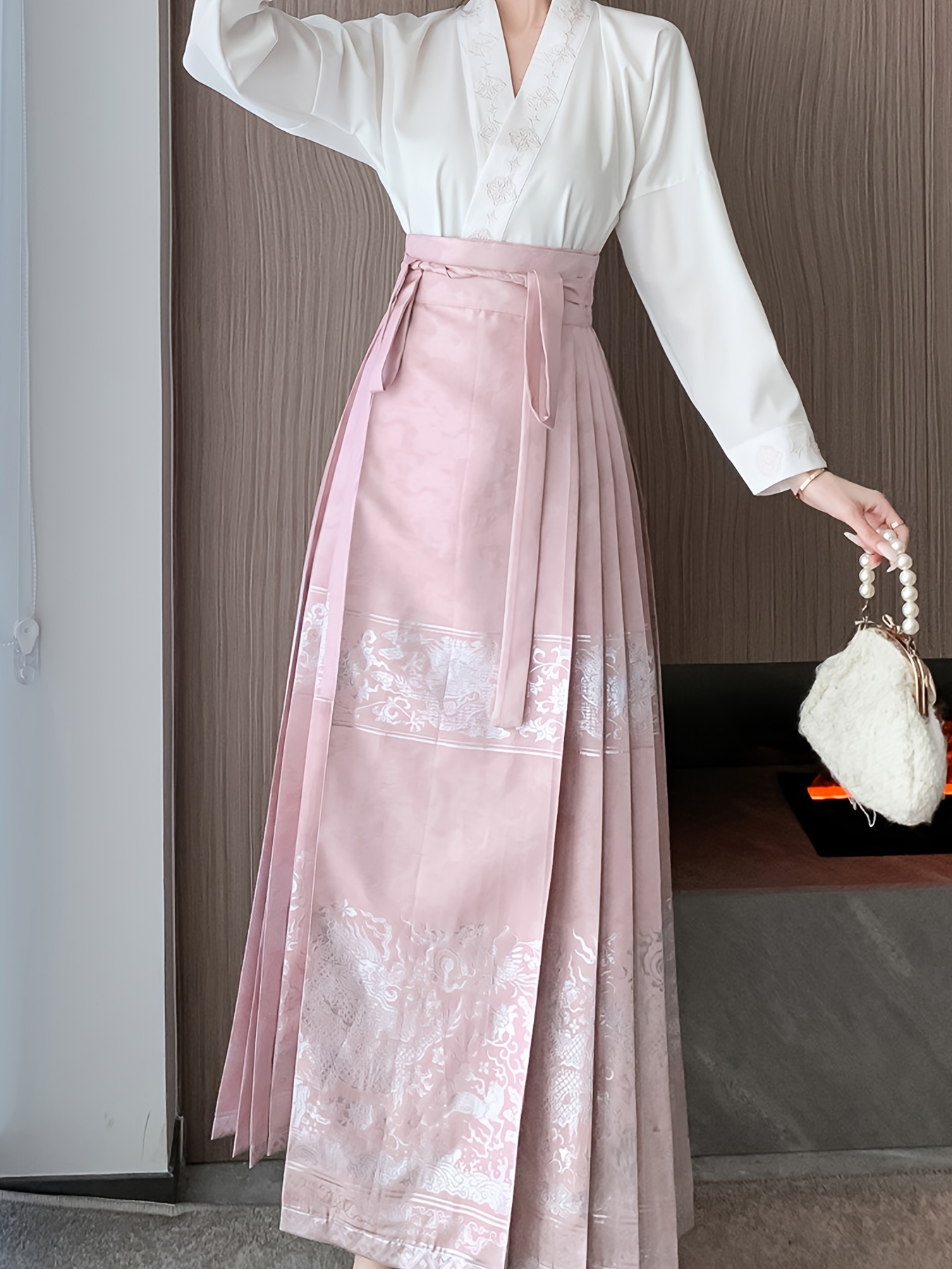 Floral Print High Waist Skirt, Casual Pleated Tie Waist Chinese Horse Face Skirt For Festival, Women's Clothing